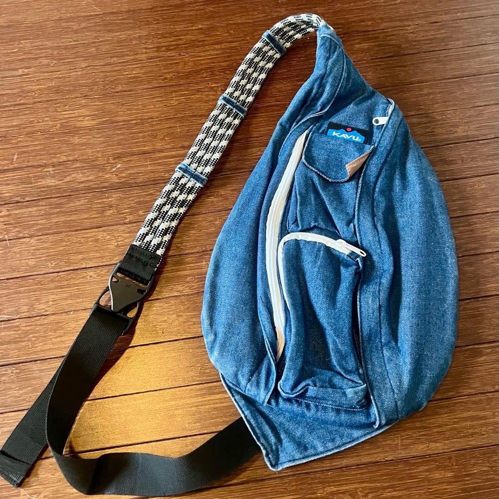 Kavu Blue Denim Sling Crossbody Bag with Braided Rope Strap